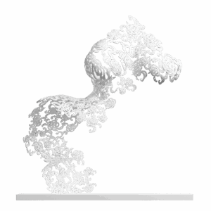 Sculpture Immortelle Camélia de Jocelyn Bouget : buste féminin imprimé en 3D SLS de couleur blanche, vue de profil, format 60 × 45 × 60 cm. Le buste entier est constitué de camélias stylisés — fleurs rondes à pétales superposés — entrelacés d'arabesques végétales qui s'enroulent et fusionnent avec les pétales. Composition dense, ornementale, presque baroque, d'esthétique haute couture. Posture dynamique inclinée vers la droite, en mouvement suspendu. Posée sur un socle blanc plat.