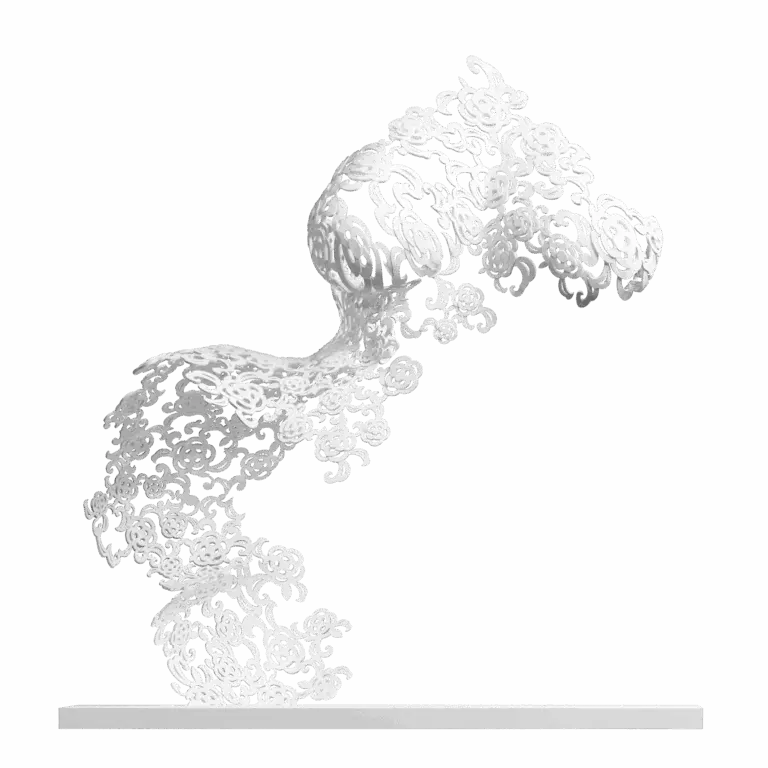 Sculpture Immortelle Camélia de Jocelyn Bouget : buste féminin imprimé en 3D SLS de couleur blanche, vue de profil, format 60 × 45 × 60 cm. Le buste entier est constitué de camélias stylisés — fleurs rondes à pétales superposés — entrelacés d'arabesques végétales qui s'enroulent et fusionnent avec les pétales. Composition dense, ornementale, presque baroque, d'esthétique haute couture. Posture dynamique inclinée vers la droite, en mouvement suspendu. Posée sur un socle blanc plat.