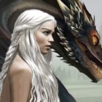 Peinture numérique au format panoramique 90×50 cm, Daenerys Targaryen de profil-trois-quarts, longue chevelure platine en tresses dothraki, regard bleu glacé tourné vers le spectateur, croisée avec la tête de Drogon aux écailles cuivrées et œil ambre, queue du dragon formant une arche protectrice au-dessus, ruines brumeuses au crépuscule en arrière-plan.