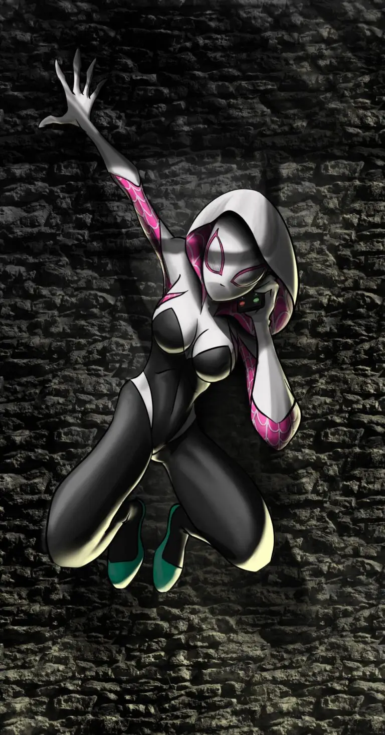Peinture numérique abouti de Spider Gwen suspendue à un mur de pierre, smartphone collé contre l'oreille de son masque, costume noir blanc et magenta avec capuche bleu sarcelle, pose asymétrique dynamique.