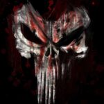 Peinture numérique expressive du crâne emblématique du Punisher de Marvel, traité en impacts et coulures de peinture blanche et rouge sur fond noir éclaboussé, style street art.