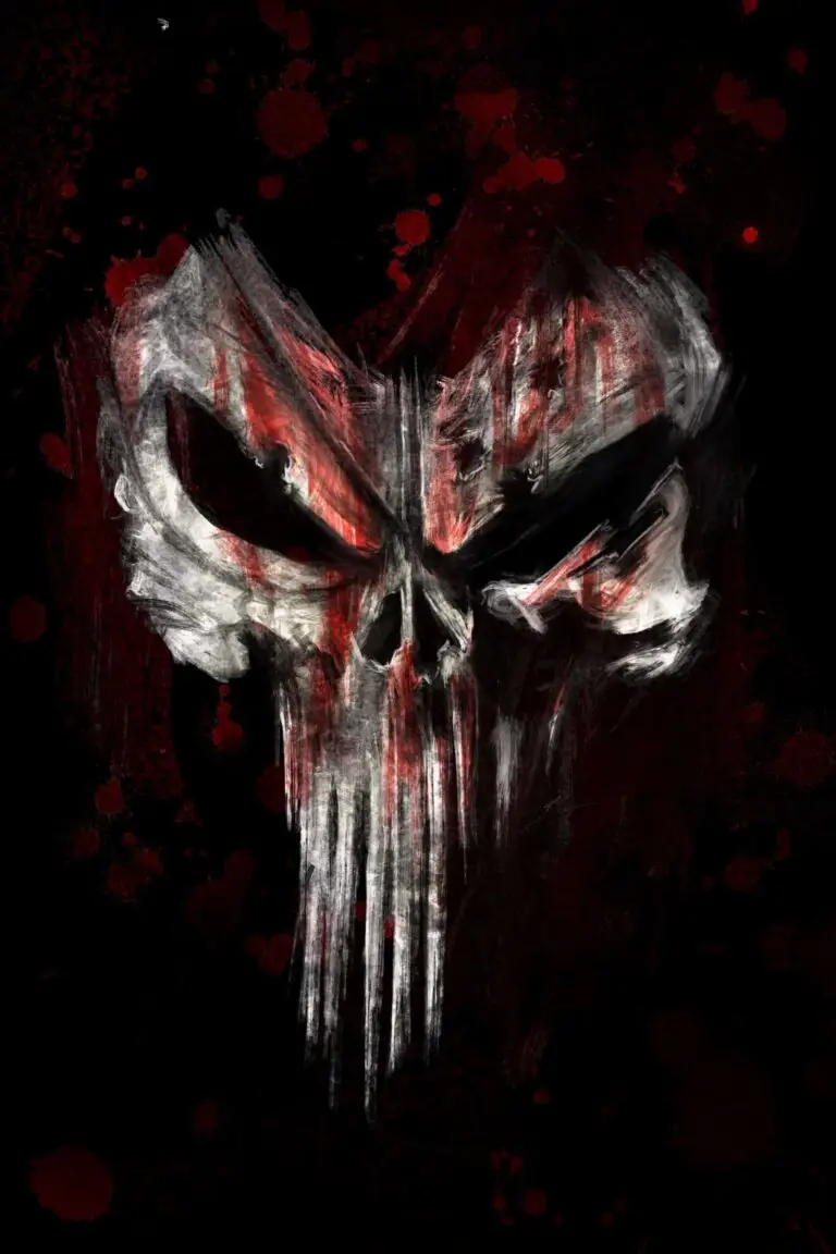 Peinture numérique expressive du crâne emblématique du Punisher de Marvel, traité en impacts et coulures de peinture blanche et rouge sur fond noir éclaboussé, style street art.