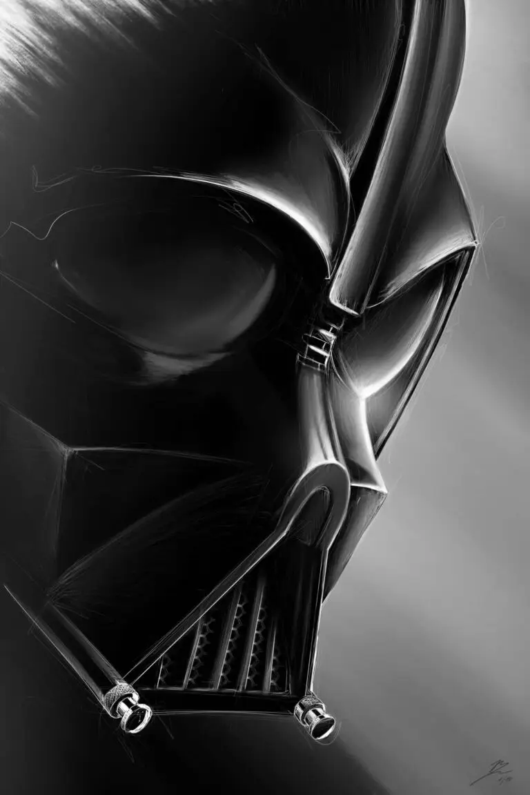 Peinture numérique au format vertical 60×90 cm représentant le casque de Dark Vador de Star Wars en profil-trois-quarts droit, masque noir profond sculpté en clair-obscur radical avec arêtes lumineuses blanc-argenté sur la lentille, l'arête du nez et la grille de respirateur, modules respiratoires latéraux visibles, traits d'esquisse blancs nerveux apparents, fond gris dégradé.
