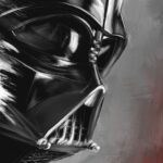 Peinture numérique au format vertical 60×90 cm représentant le casque de Dark Vador de Star Wars en profil-trois-quarts gauche (inversé par rapport à Vador 1), masque noir traité en brossage pictural à grands gestes apparents, lentille d'œil sculptée en clair-obscur, modules respiratoires latéraux et grille du masque visibles, traits d'esquisse blancs nerveux apparents, fond gris dégradé avec éclat rouge sang à droite.