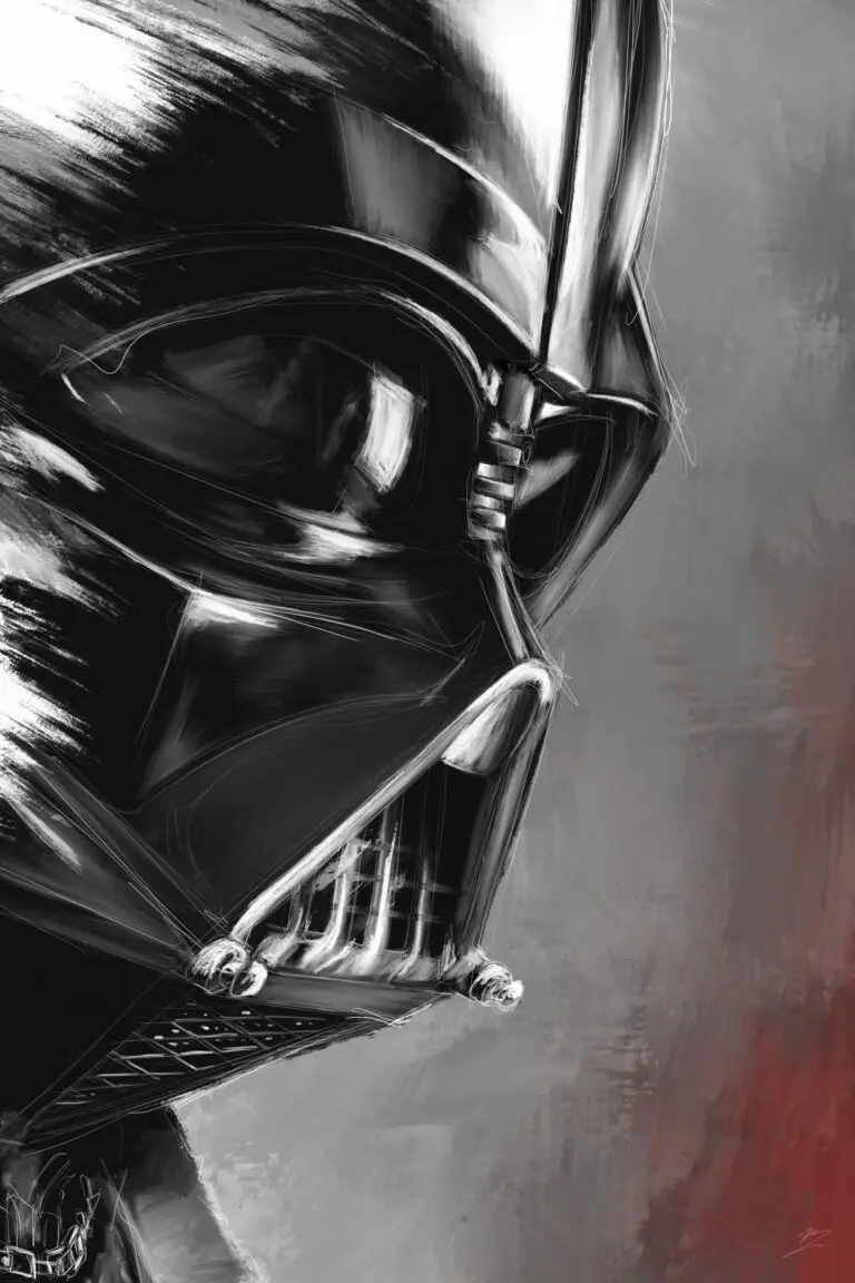 Peinture numérique au format vertical 60×90 cm représentant le casque de Dark Vador de Star Wars en profil-trois-quarts gauche (inversé par rapport à Vador 1), masque noir traité en brossage pictural à grands gestes apparents, lentille d'œil sculptée en clair-obscur, modules respiratoires latéraux et grille du masque visibles, traits d'esquisse blancs nerveux apparents, fond gris dégradé avec éclat rouge sang à droite.