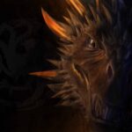 Peinture numérique en face à face entre Drogon (gauche, profil de dragon brun-roux aux épines orange illuminées, œil jaune-doré) et Viserion réanimé (droite, écailles sombres, œil bleu glacé), sigil Targaryen tricéphale en arrière-plan, fond sombre aux contrastes orange et cyan.