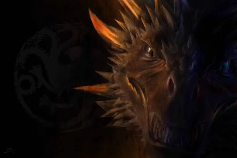 Peinture numérique en face à face entre Drogon (gauche, profil de dragon brun-roux aux épines orange illuminées, œil jaune-doré) et Viserion réanimé (droite, écailles sombres, œil bleu glacé), sigil Targaryen tricéphale en arrière-plan, fond sombre aux contrastes orange et cyan.
