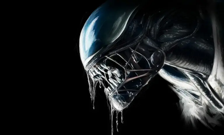 Peinture numérique abouti du Xénomorphe d'Alien en gros plan de profil gauche, mâchoire grande ouverte avec dents acérées et filaments de salive, crâne bulbeux biomécanique noir bleuté, fond noir absolu, lumière froide.