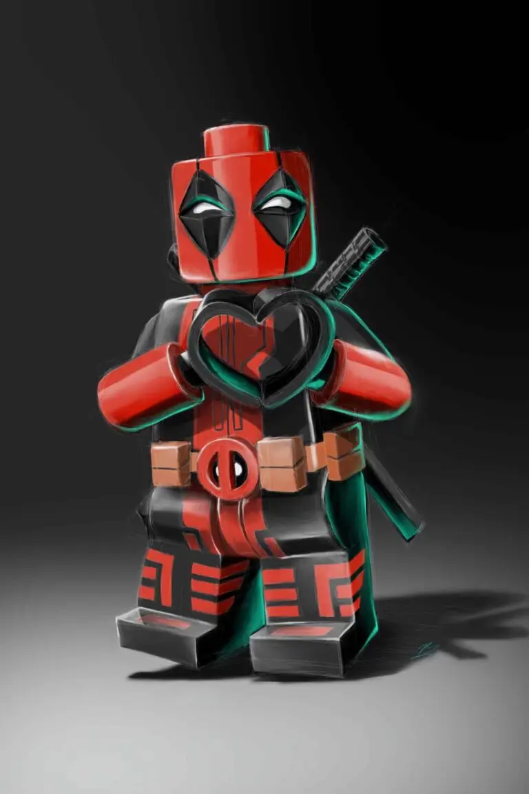 Peinture numérique abouti d'une figurine LEGO de Deadpool debout de face, mains croisées dans le geste "I love you" emblématique du film, costume rouge et noir avec katanas dans le dos, fond gris dégradé.