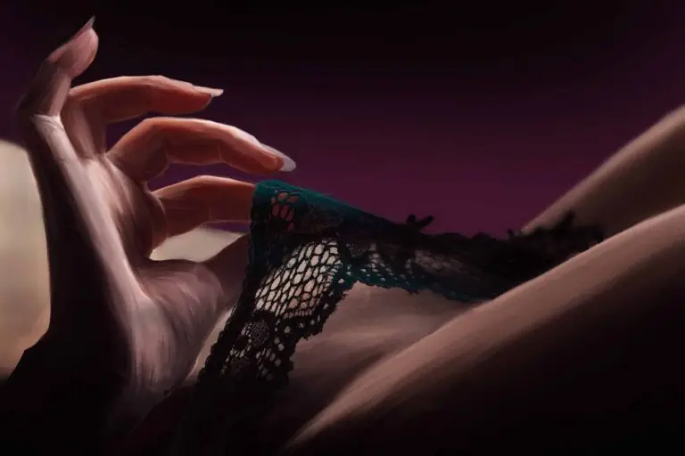 Peinture numérique en gros plan macro d'une main féminine aux ongles longs soulevant une pièce de dentelle ajourée bleu canard, cuisse en arrière-plan flou, fond dégradé violet-aubergine profond.
