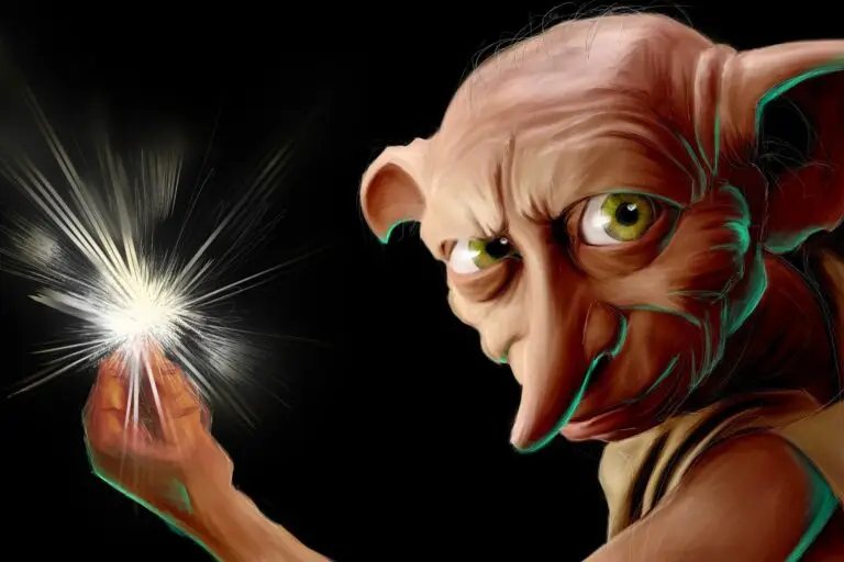 Peinture numérique abouti de Dobby, elfe de maison de Harry Potter, en gros plan de profil-trois-quarts à droite du format, expression déterminée, regard tourné vers la main gauche qui claque des doigts en projetant une explosion d'étincelles blanches, oreilles pointues, fond noir absolu, contour rim light cyan.