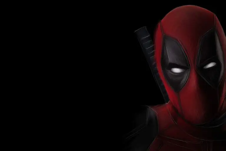 Peinture numérique abouti de Deadpool en portrait gros plan, visage décentré à droite du format, masque rouge et noir texturé hachuré, grands yeux blancs lumineux, fond noir absolu, gaine de katana derrière l'épaule gauche.