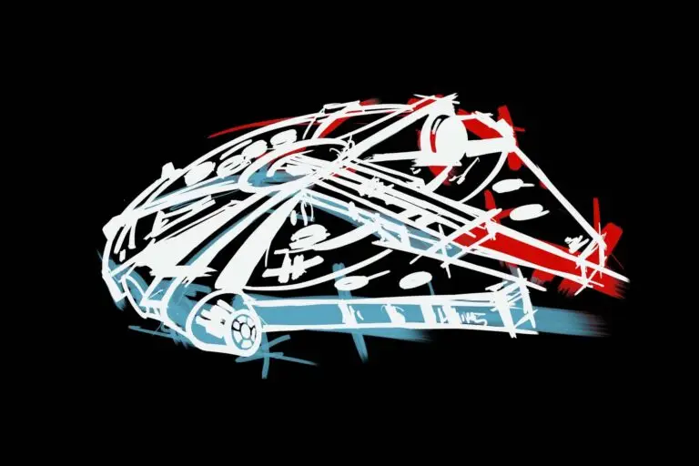 Peinture numérique au format horizontal 90×60 cm représentant le Faucon Millenium de Star Wars en dessin de presse au trait blanc énergique sur fond noir absolu, antenne radar circulaire et mandibules avant suggérées au feutre, brossages d'aplats bleu sous la coque et rouge derrière l'arrière, version négative inversée de Millenium.