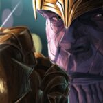 Peinture numérique abouti de Thanos en gros plan, visage cicatrisé violet et casque doré à droite, gantelet de l'infini au premier plan à gauche avec ses six pierres colorées éclatantes, lens flare violet, fond sombre avec bokeh bleu-vert.