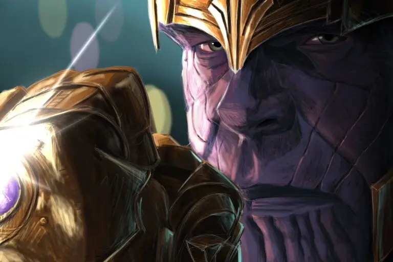 Peinture numérique abouti de Thanos en gros plan, visage cicatrisé violet et casque doré à droite, gantelet de l'infini au premier plan à gauche avec ses six pierres colorées éclatantes, lens flare violet, fond sombre avec bokeh bleu-vert.