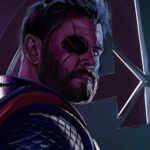 Peinture numérique abouti d'un portrait de Thor de profil partiel, portant son cache-œil, une barbe fournie et une armure asgardienne sombre. Arrière-plan stylisé avec le logo Avengers.
