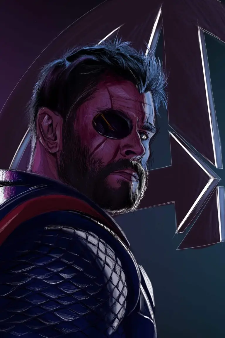 Peinture numérique abouti d'un portrait de Thor de profil partiel, portant son cache-œil, une barbe fournie et une armure asgardienne sombre. Arrière-plan stylisé avec le logo Avengers.
