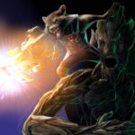 Peinture numérique abouti de Rocket Raccoon perché sur l'épaule gauche de Groot, en pleine scène d'action — Rocket tire avec un fusil futuriste, Groot bouche béante en cri silencieux, fond dégradé bleu et vert avec étincelles lumineuses.