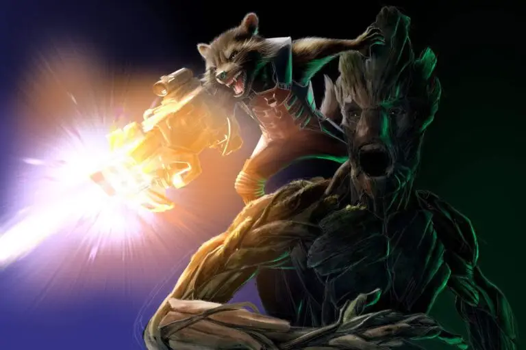 Peinture numérique abouti de Rocket Raccoon perché sur l'épaule gauche de Groot, en pleine scène d'action — Rocket tire avec un fusil futuriste, Groot bouche béante en cri silencieux, fond dégradé bleu et vert avec étincelles lumineuses.