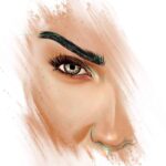 Peinture numérique en gros plan extrême sur l'œil droit de Melinda London, iris gris-vert clair avec reflet de larme, sourcil noir intense parfaitement dessiné, cils longs, taches de rousseur sur la pommette, lignes d'esquisse vert menthe apparentes, brossage beige-pêche sur fond blanc.