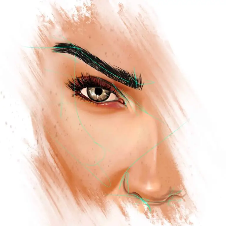 Peinture numérique en gros plan extrême sur l'œil droit de Melinda London, iris gris-vert clair avec reflet de larme, sourcil noir intense parfaitement dessiné, cils longs, taches de rousseur sur la pommette, lignes d'esquisse vert menthe apparentes, brossage beige-pêche sur fond blanc.
