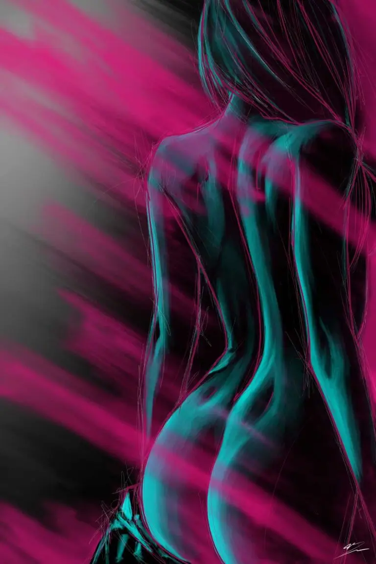 Peinture numérique au format vertical 60×90 cm représentant une figure féminine vue de dos cadrée à mi-cuisse, cheveux longs ramenés sur l'épaule droite, peau entièrement modelée en cyan-turquoise vibrant strié de noir, fond rose magenta saturé strié de noir en diagonales au pinceau brossé, liserés rose vif autour du contour, esthétique néon cyberpunk.