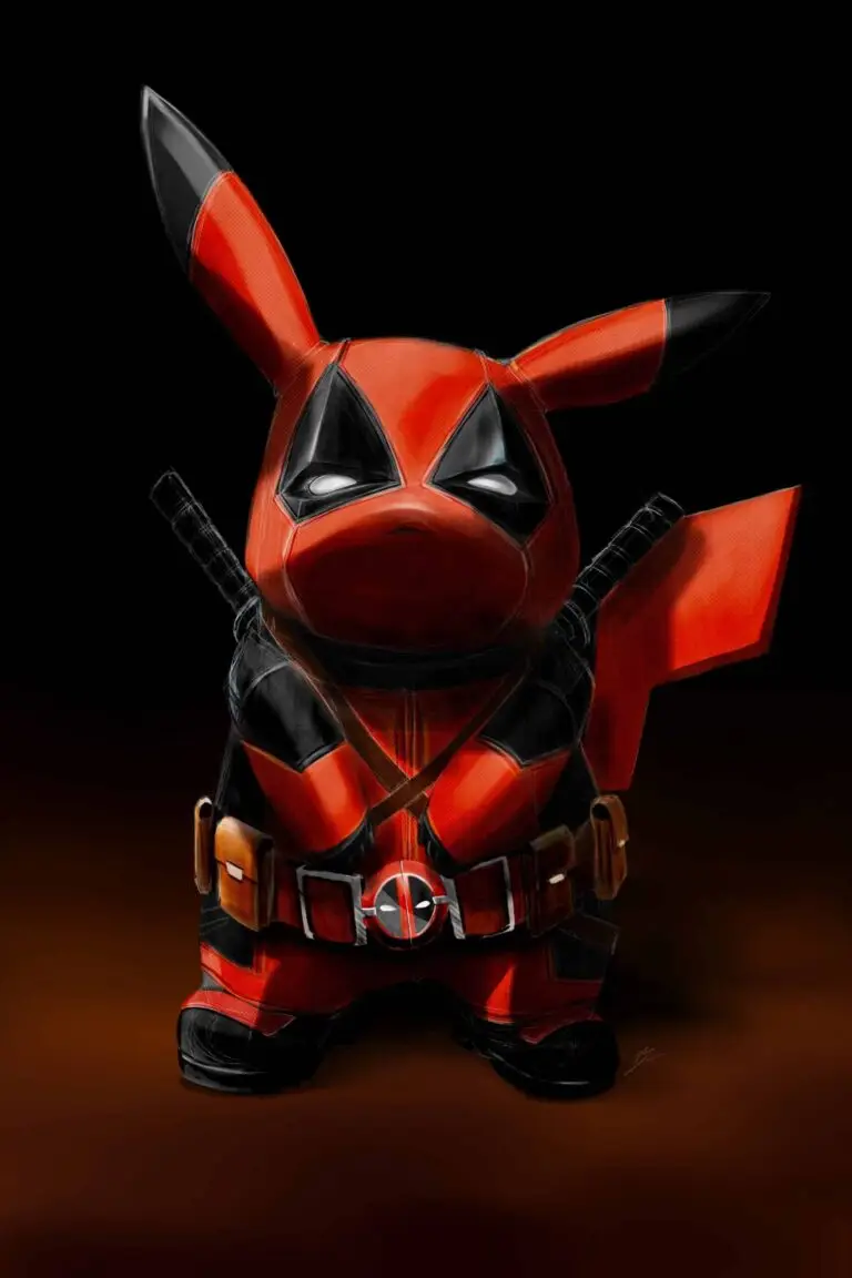 Peinture numérique abouti de PikaPool, créature anthropomorphe fusion de Pikachu et Deadpool, debout de face, bras croisés au bassin, costume rouge et noir, ceinture utilitaire avec logo Deadpool, katanas croisés dans le dos et queue d'éclair rouge vif sur le côté droit.
