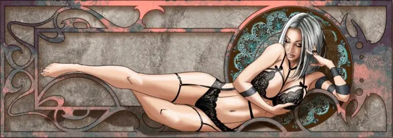 Peinture numérique au format panoramique horizontal 140×50 cm représentant Kato allongée sur le flanc droit en lingerie noire dentelle, tatouages noirs en bandes au biceps gauche, médaillon circulaire Art Nouveau aux arabesques turquoise et brunes en auréole sur la droite, bordure Art Nouveau or, fond gris-béton avec accents corail.