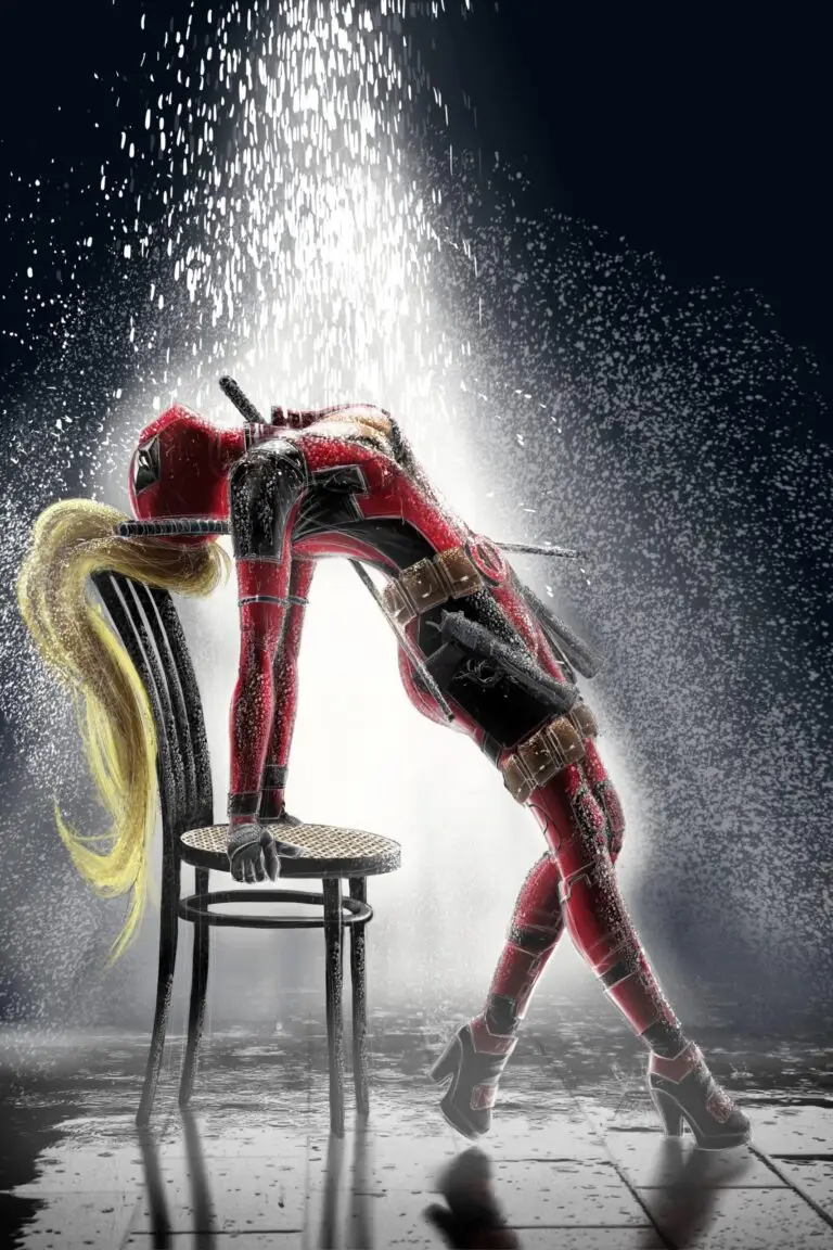 Peinture numérique abouti de Lady Deadpool dans la pose iconique de l'affiche Flashdance — penchée en arrière sur chaise sous une cascade d'eau, combinaison Marvel rouge et noire, bottes à talons hauts, équipement de combat et mèche blonde s'échappant du masque.