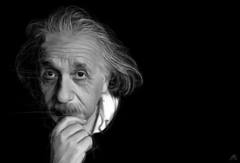 Portrait numérique abouti d'Albert Einstein en noir et blanc, sujet décentré à gauche, main posée sous le menton, regard pensif, cheveux blancs ébouriffés et moustache caractéristiques, style mi-précision mi-esquisse avec trait crayonné apparent sur l'épaule.