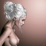 Peinture numérique d'une jeune femme nue de profil droit, chignon haut blond cendré, piercing à l'arcade gauche, palette monochrome camaïeu rose-brun, style mi-précision mi-esquisse avec trait crayonné apparent sur l'épaule et la chevelure.