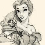 Croquis numérique réaliste de Belle de La Belle et la Bête, tenant la rose enchantée. Impression d'art sur Dibon mat.