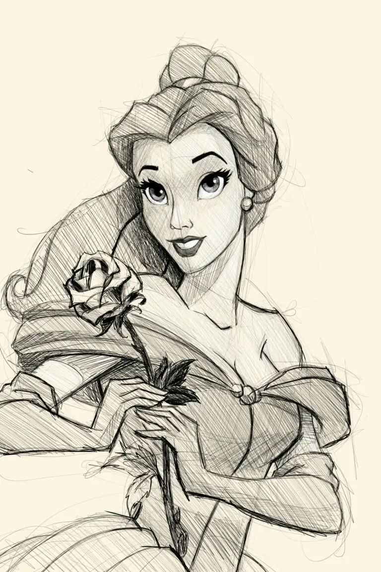 Croquis numérique abouti de Belle de La Belle et la Bête, tenant la rose enchantée. Impression d'art sur Dibond mat.