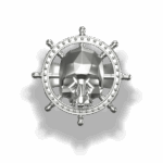 Vue de dessus de la chevalière Skull and Bones : un crâne au style géométrique incrusté au centre d'une barre de navire détaillée.