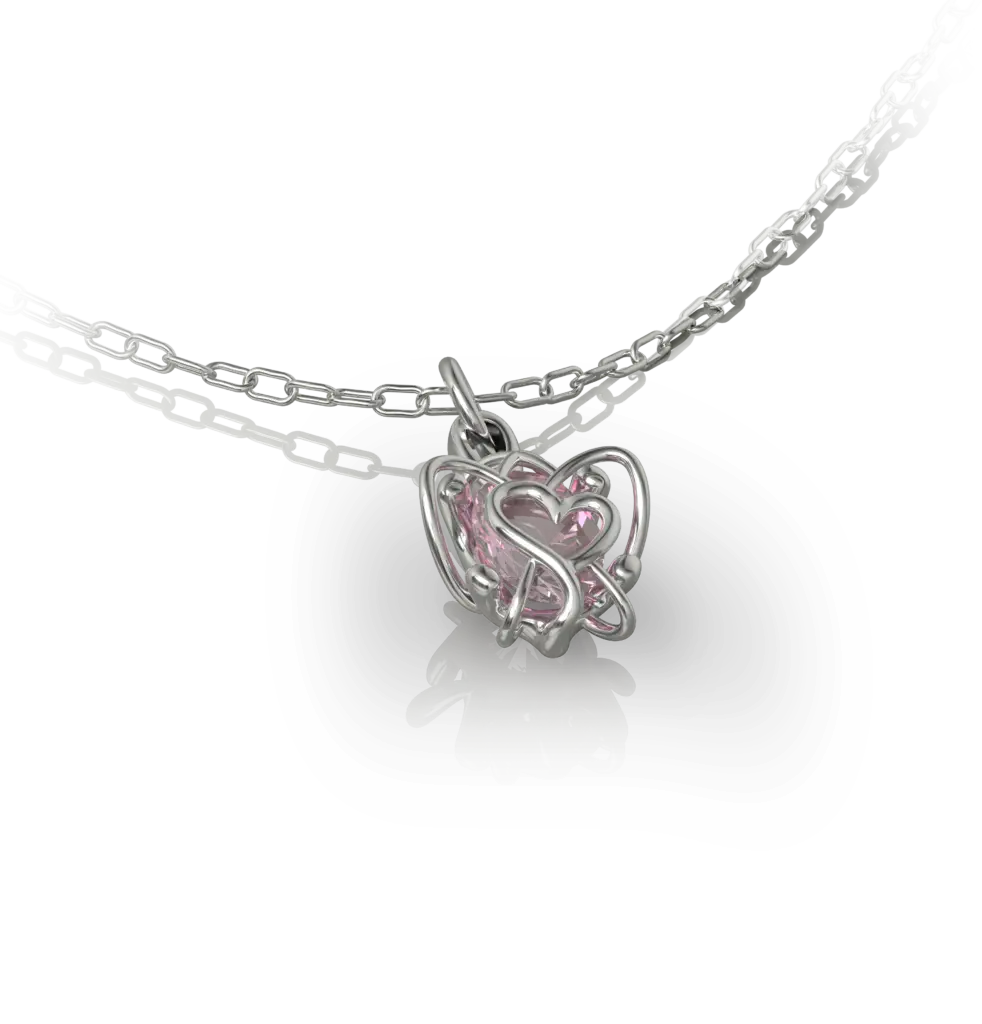 Pendentif Cœur Captif de Jocelyn Bouget : pendentif d'exception, cœur enserré dans une cage, modélisation 3D, fonte et finition par le joaillier Laurent Barateau (Reims). Sur commande.