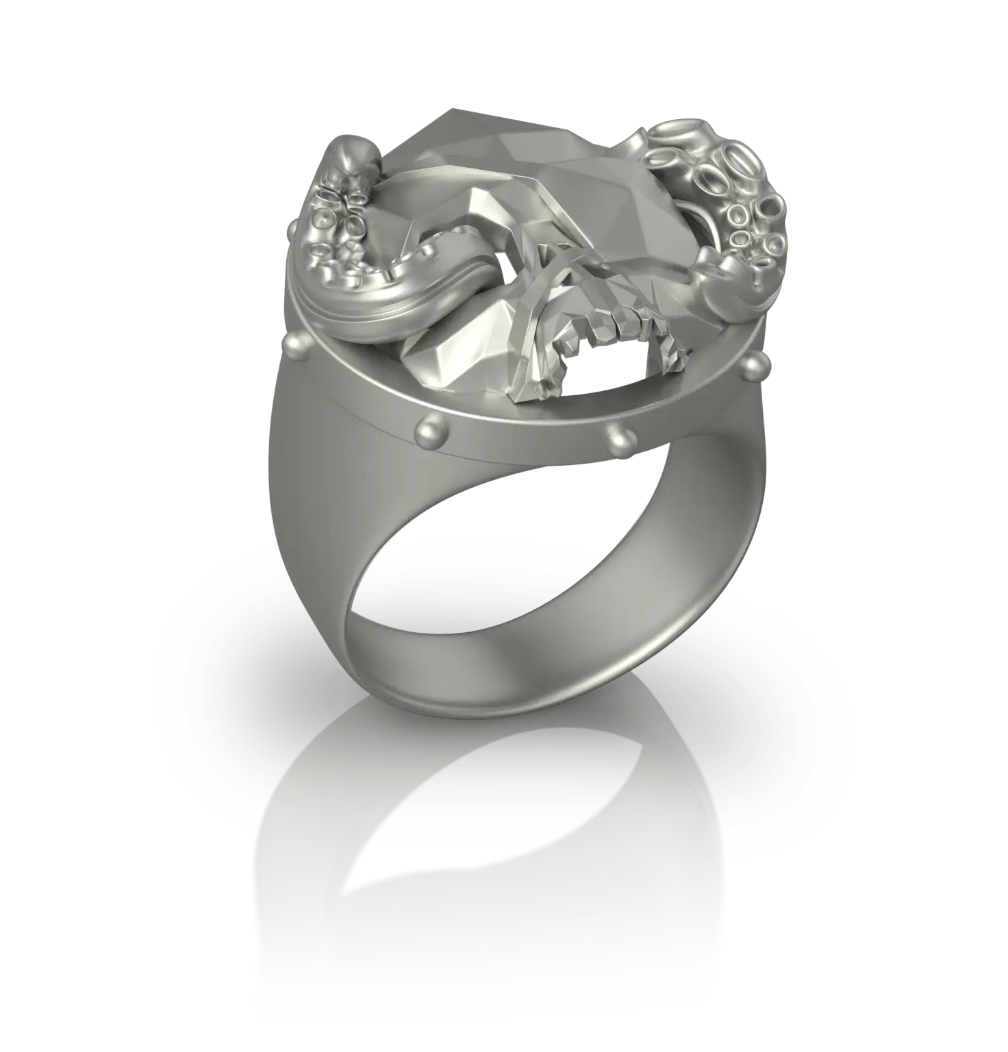Chevalière Kraken de Jocelyn Bouget : chevalière Fan Art en acier inoxydable, motif Kraken (poulpe géant légendaire), modélisée en 3D et imprimée par Sculpteo.