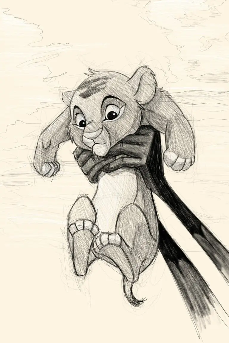 Croquis numérique de Simba du Roi Lion, style crayonné sur fond crème, impression d'art sur Dibond mat par Jocelyn Bouget.