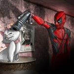 Peinture numu00e9rique hyper-ru00e9aliste de Deadpool pointant son arme sur la tu00eate de la chatte Marie, dans un recoin sombre avec un poster de recherche de Wolverine en arriu00e8re-plan.