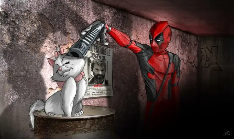 Peinture numu00e9rique hyper-ru00e9aliste de Deadpool pointant son arme sur la tu00eate de la chatte Marie, dans un recoin sombre avec un poster de recherche de Wolverine en arriu00e8re-plan.