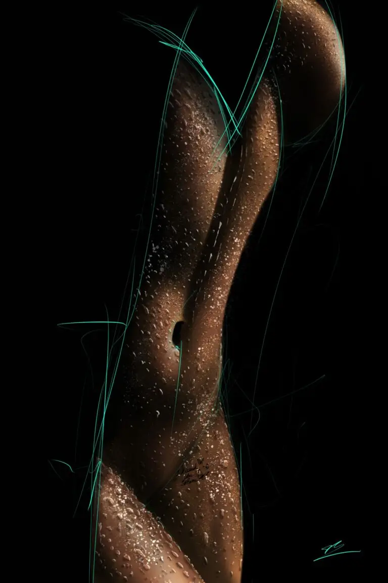 Peinture numérique abouti représentant un buste de femme de profil, couvert de perles d'eau scintillantes sur une peau hâlée, fond noir.
