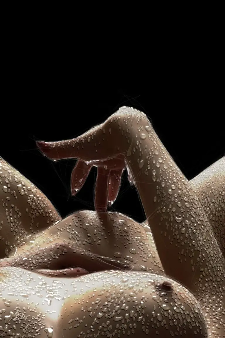 Peinture numérique abouti d'un buste féminin allongé, parsemé de centaines de gouttes d'eau scintillantes sur fond noir.