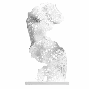Sculpture Immortelle Dentelle de Jocelyn Bouget : buste féminin imprimé en 3D SLS de couleur blanche, format monumental 70 × 45 × 45 cm, vue de profil-trois-quarts droit, silhouette élancée. Pas de tête ni de bras. Le buste est entièrement constitué d'un réseau ajouré organique alvéolaire d'inspiration végétale, évoquant les arabesques des hêtres tortueux des Faux de Verzy. Le motif dessine les courbes du corps en creux et en pleins, plus dense par endroits, plus aéré ailleurs. Bords supérieur et inférieur déchirés asymétriques. Posée sur un socle blanc plat.