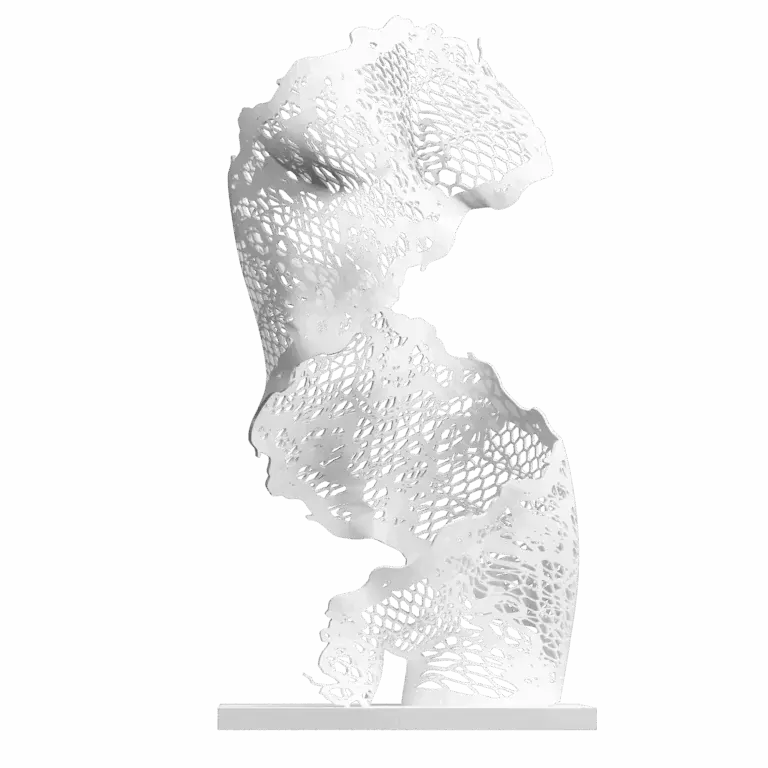 Sculpture Immortelle Dentelle de Jocelyn Bouget : buste féminin imprimé en 3D SLS de couleur blanche, format monumental 70 × 45 × 45 cm, vue de profil-trois-quarts droit, silhouette élancée. Pas de tête ni de bras. Le buste est entièrement constitué d'un réseau ajouré organique alvéolaire d'inspiration végétale, évoquant les arabesques des hêtres tortueux des Faux de Verzy. Le motif dessine les courbes du corps en creux et en pleins, plus dense par endroits, plus aéré ailleurs. Bords supérieur et inférieur déchirés asymétriques. Posée sur un socle blanc plat.