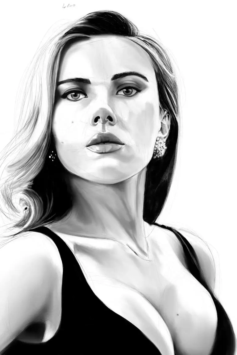 Dessin Scarlett, portrait numérique abouti en noir et blanc de Scarlett Johansson, impression d'art sur Dibond finition mate par Jocelyn Bouget.