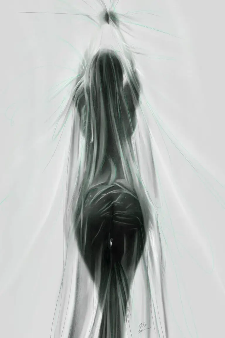 Peinture numérique abouti d'une silhouette féminine vue de dos, recouverte d'un drapé blanc translucide et éthéré.
