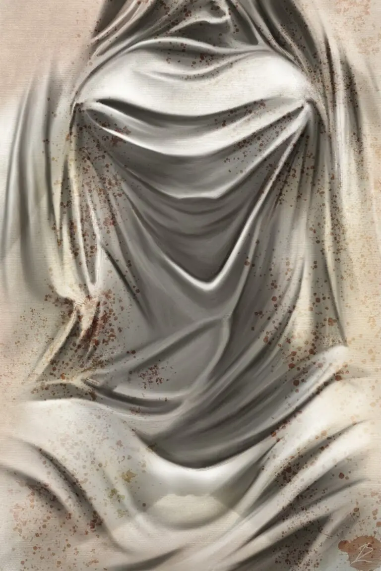Peinture numérique abouti représentant un corps féminin sous un voile épais parsemé de taches ocres et de textures organiques.