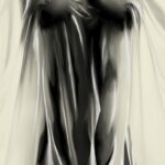 Peinture numérique réaliste en tons monochromes montrant un buste féminin drapé sous un voile fluide et translucide.