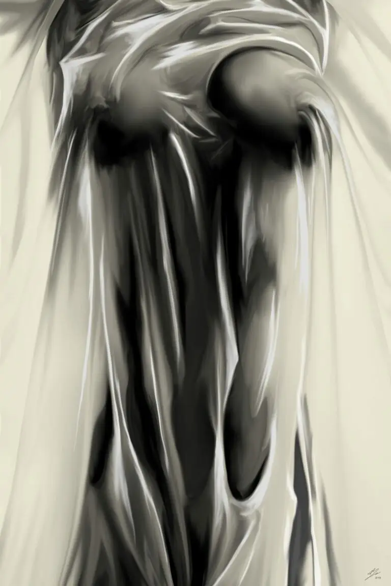 Peinture numérique abouti en tons monochromes montrant un buste féminin drapé sous un voile fluide et translucide.