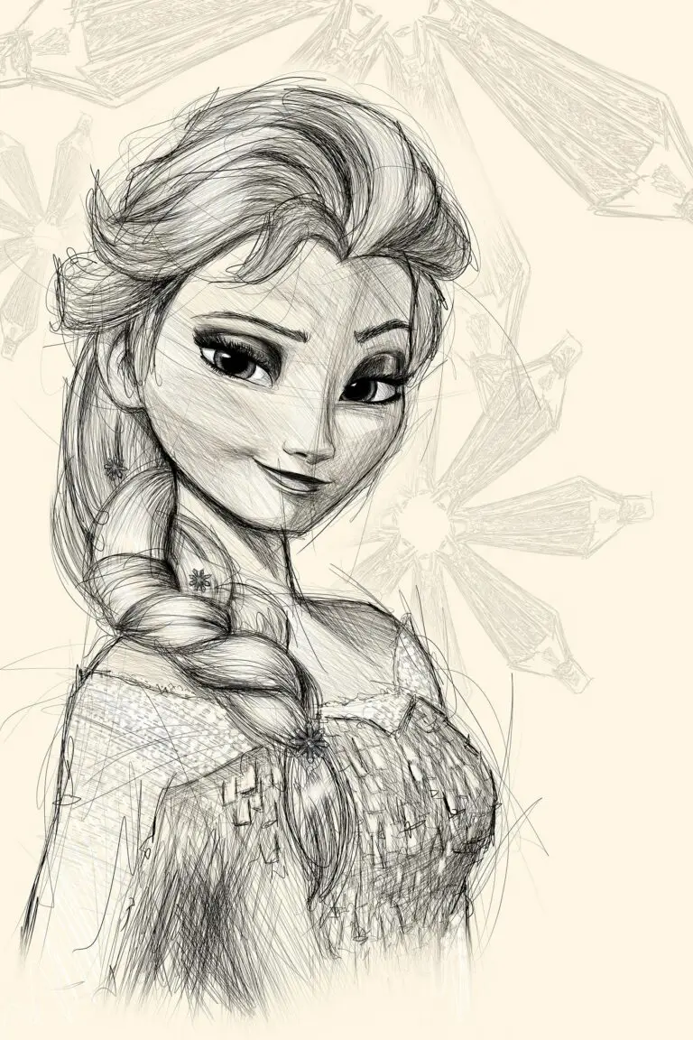 Croquis numérique abouti d'Elsa, la Reine des Neiges, avec des flocons esquissés en fond. Impression d'art sur Dibond mat.