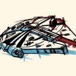 Peinture numérique au format horizontal 90×60 cm représentant le Faucon Millenium de Star Wars en dessin de presse au trait noir énergique, antenne radar circulaire visible, mandibules avant et propulseurs latéraux suggérés au feutre, brossages d'aplats bleu sous la coque et rouge derrière l'arrière façon offset mal calé, fond crème papier.